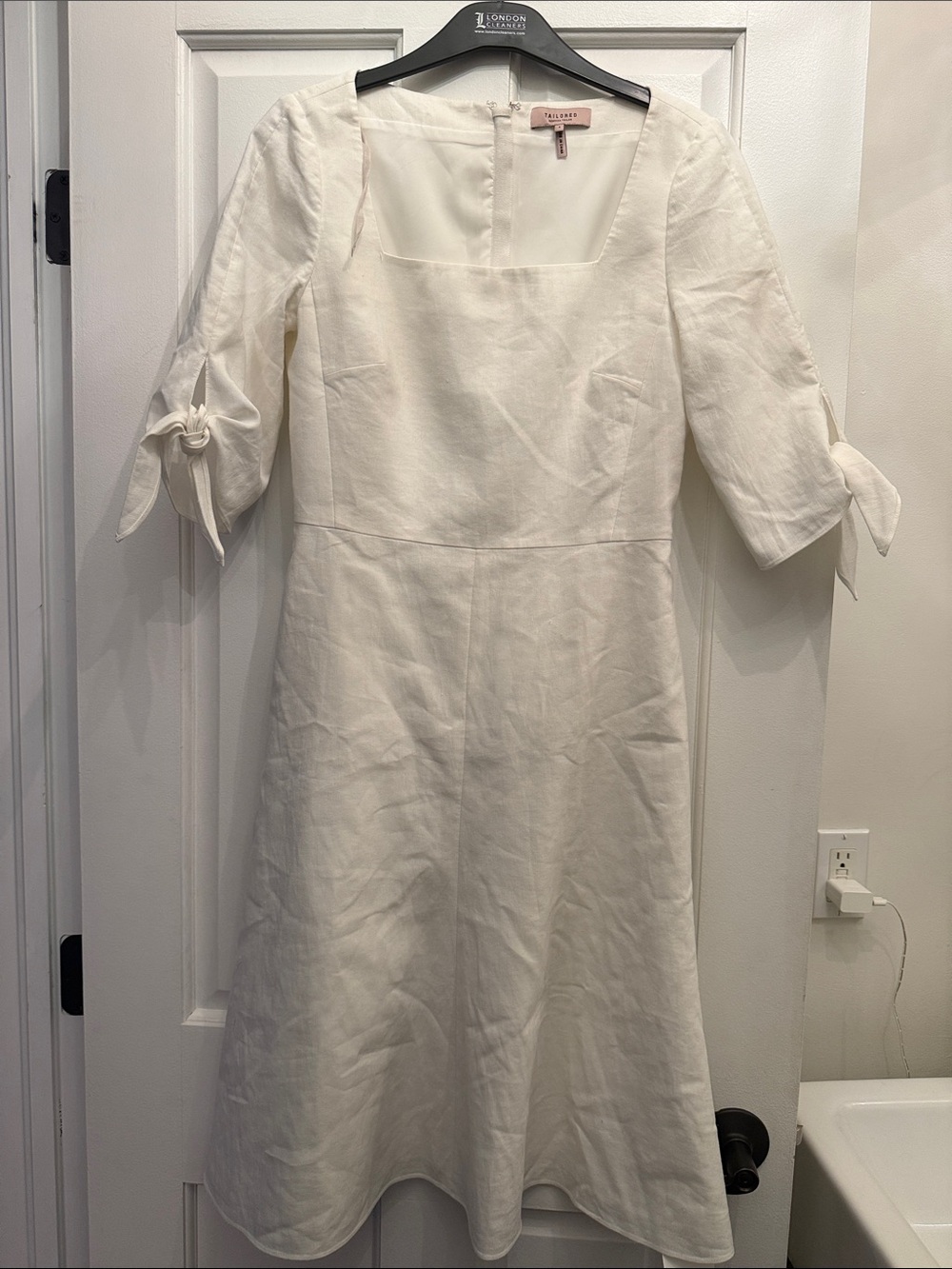 Rebecca Taylor Cream Square-Neck Midi Dress with Tie Sleeves